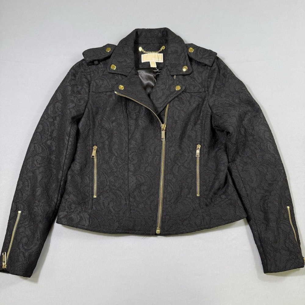 Michael Kors Black Lace Biker Jacket Womens Medium Gold Trim Moto Lined Full Zip